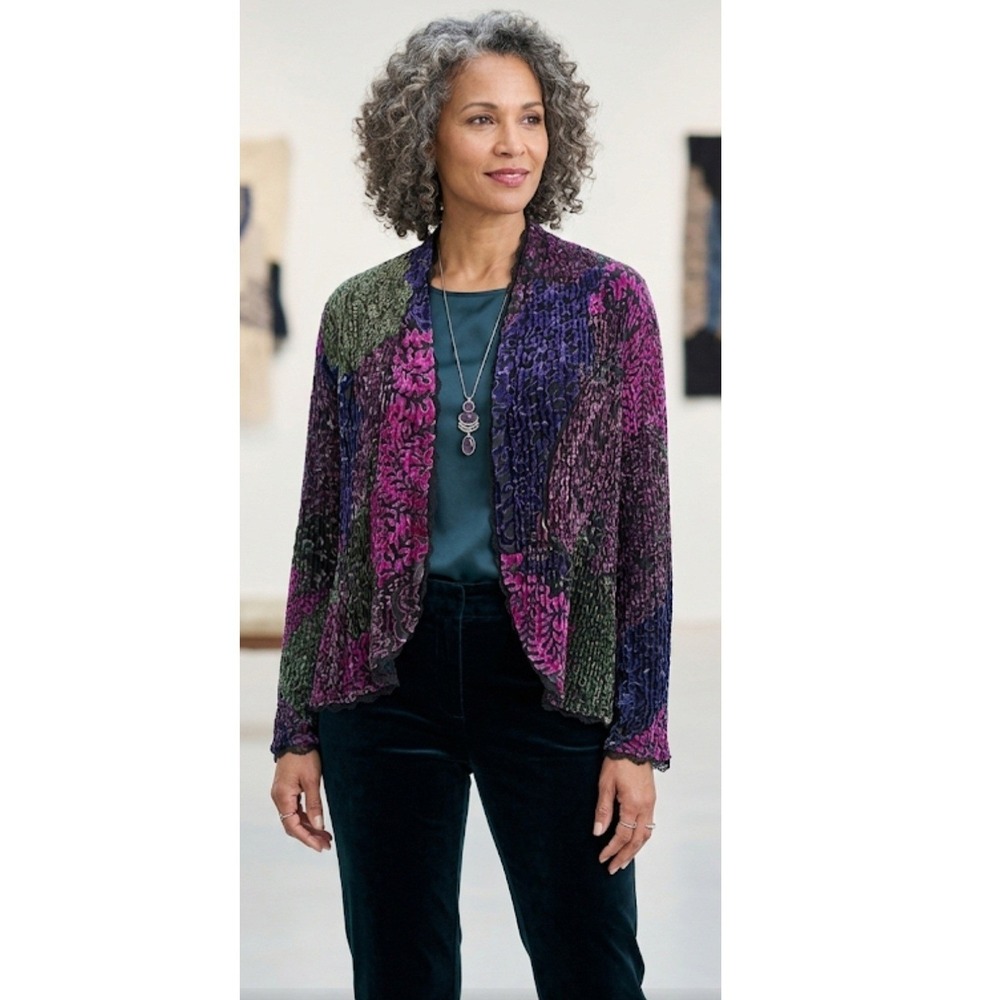 Womens Patchwork Velvet Burnout Cardigan Lace‎ Trim Lagenlook Boho Hippie